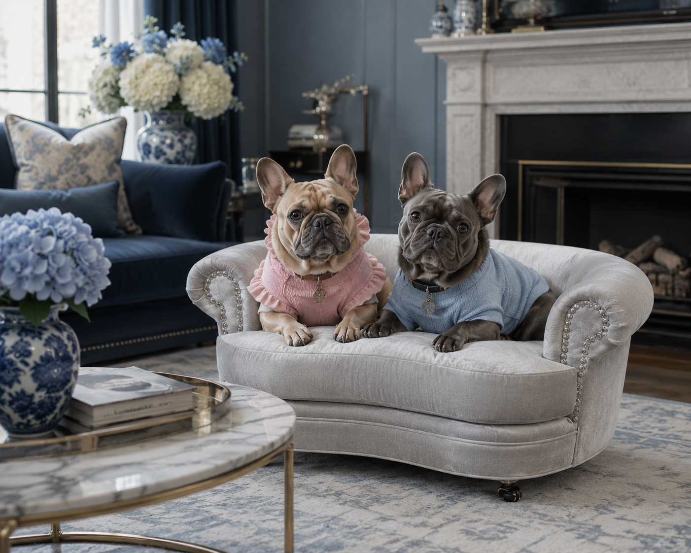Two dogs in colorful sweaters sitting on a small couch in a stylish living room.