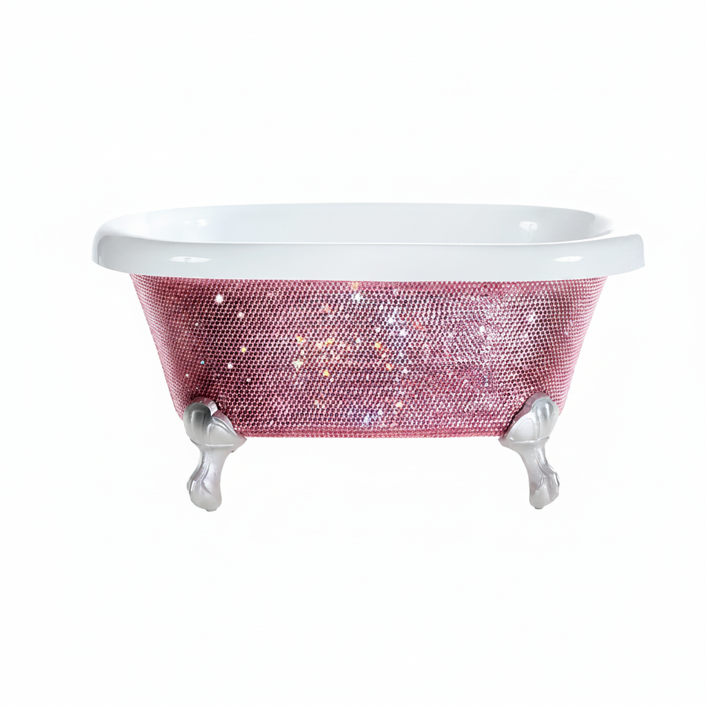 Pink glittery bathtub with silver legs on a white background