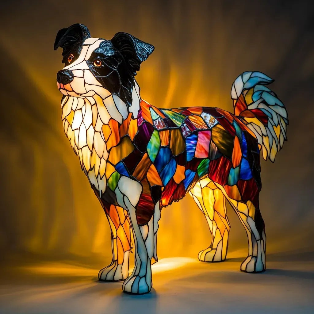 Colorful stained glass sculpture of a dog on a dark background