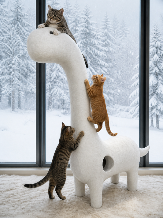 Three cats playing on a dinosaur-shaped cat tree with a snowy outdoor background