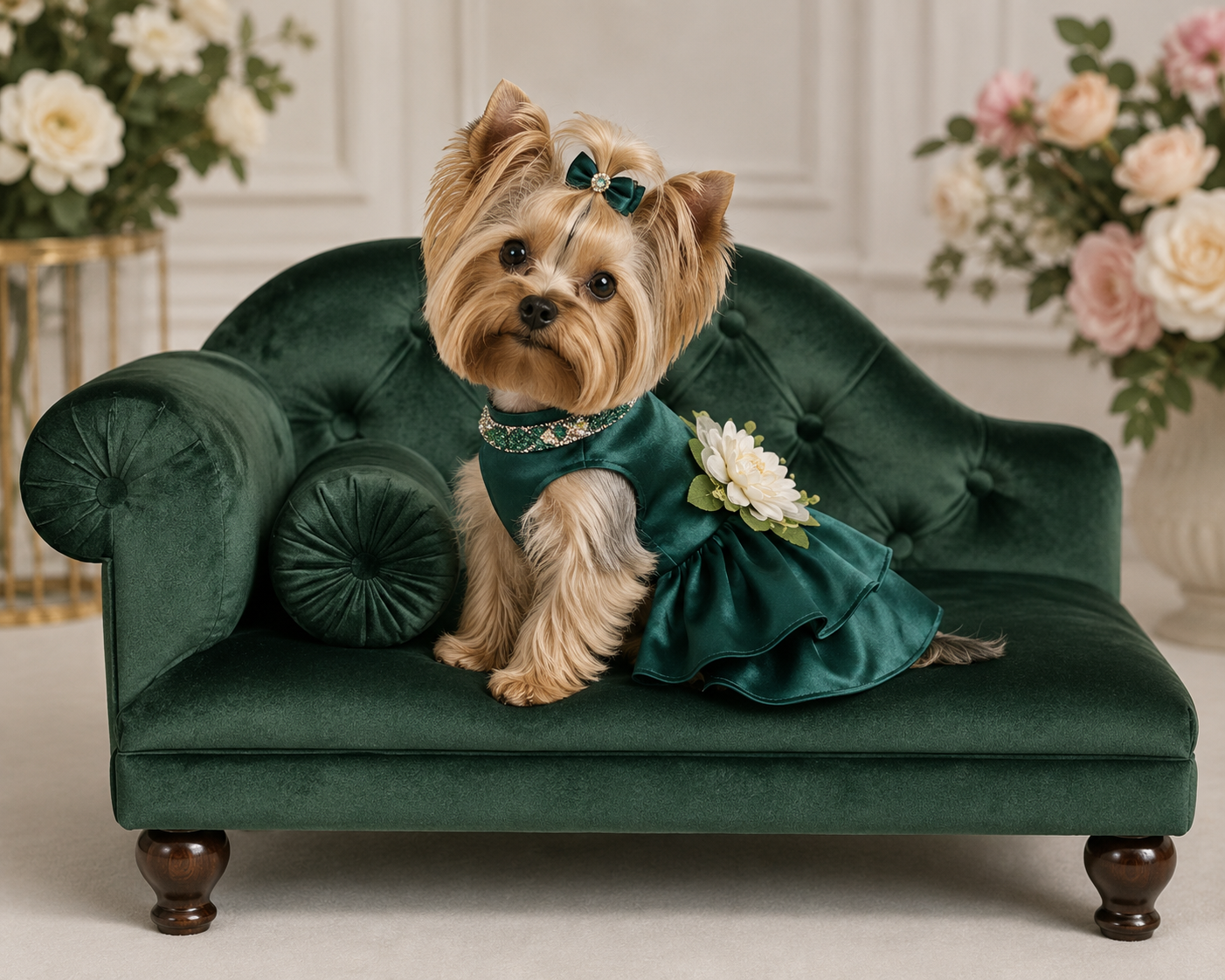 Dog in a green dress sitting on a small green couch with floral decorations.