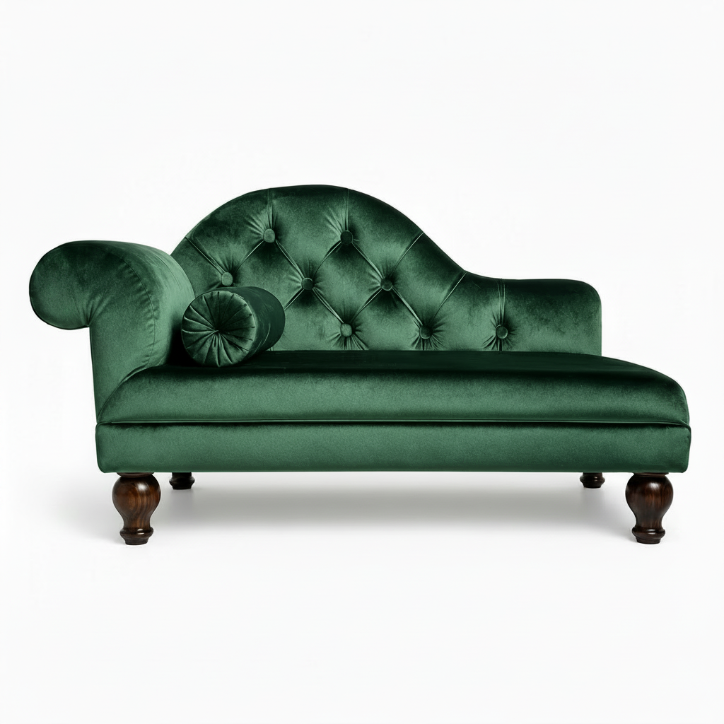 Green velvet chaise lounge with tufted backrest on a white background