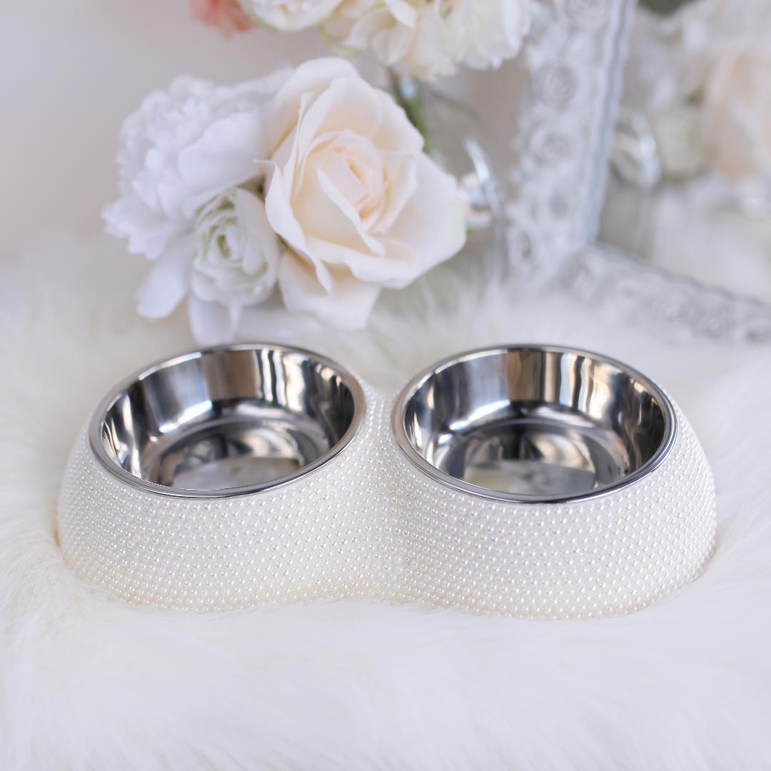 Double stainless steel pet bowl adorned with pearls