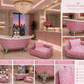 Collage of a luxurious pink pet furniture set with sparkling details in a high-end bathroom.