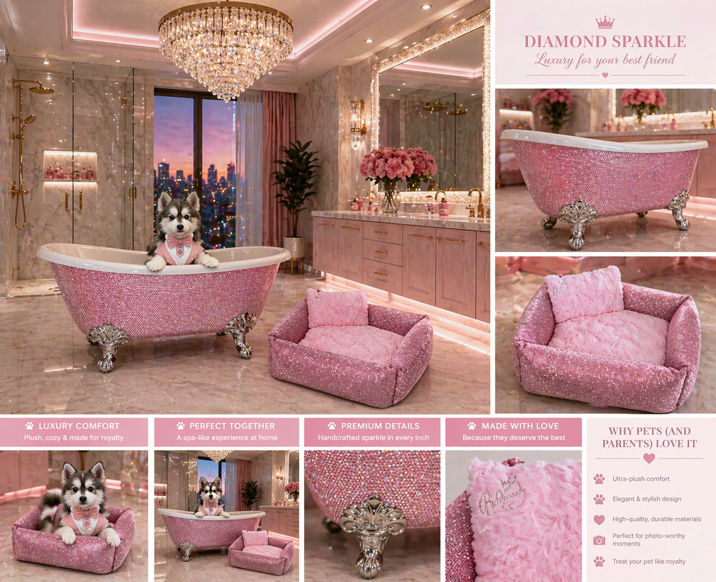 Collage of a luxurious pink pet furniture set with sparkling details in a high-end bathroom.
