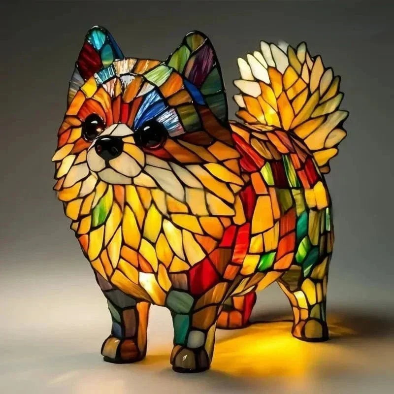 Colorful stained glass dog-shaped lamp on a dark background