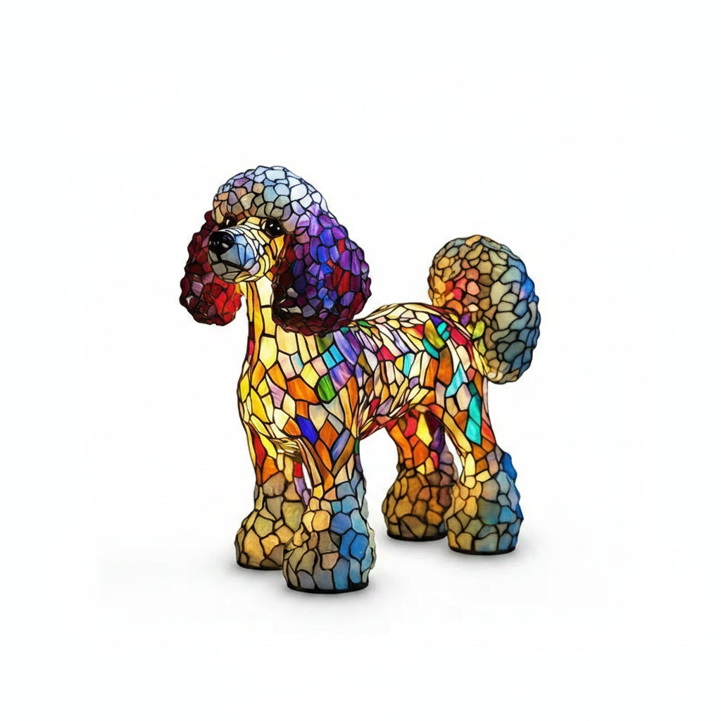 Colorful stained glass dog sculpture on a white background