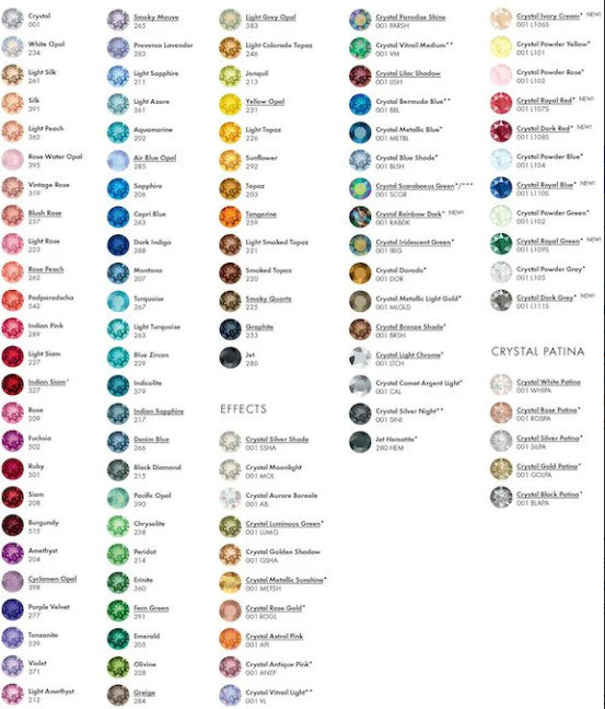 Color Swarovski  swatch chart with various color names and effects on a white background