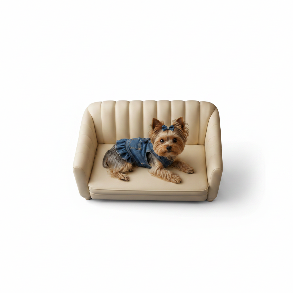 Small dog wearing a denim outfit sitting on a beige couch against a blue background